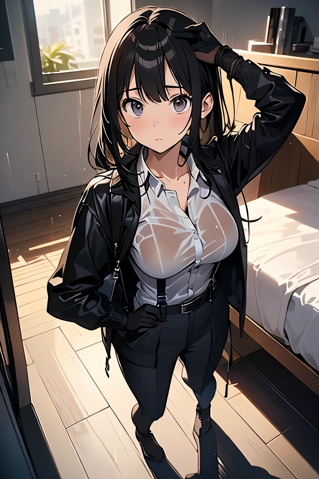 1 female, , high quality, masterpiece, Ultra-high resolution, , Cinema Lighting, , , And the suspenders with the cranes flying Large Breasts Small face holster Lying in bed Looking up Sweat belt summer 脇Sweat Black Hole Gloves suit shirt Black jacket Black trousers Leg Links ズボンにbelt holster Hands behind your back Anxious expression Looking up Anxious face, legs apart Armament Cable ties レッグholster holster See-through clothing heavy rain Getting wet in the rain