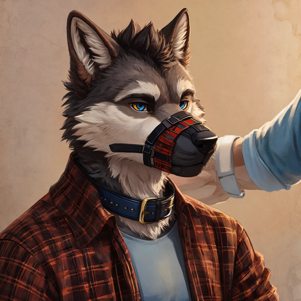 32 year old anthromorphobic grey wolf male that is a kidnapper and hes wearing a brown plaid shirt with blue jeans and he is holding a muzzle and his eyes collar are brown
High quality ,furry,furry anthro