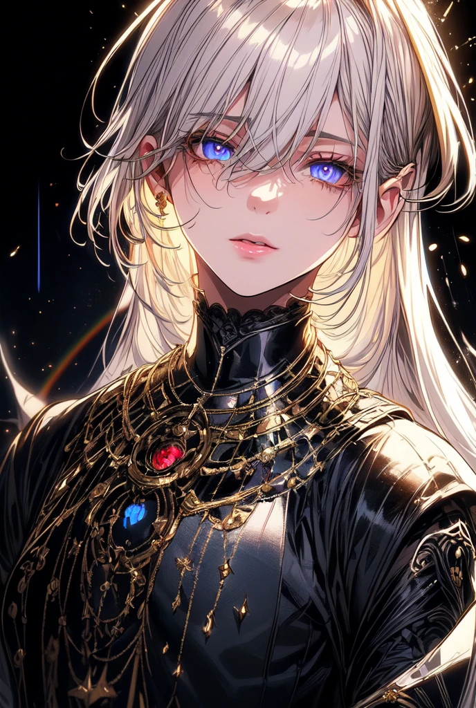 (masterpiece, best quality, ultra-detailed, best shadow), (detailed background,dark fantasy), (handsome detailed face), high contrast, (best illumination, an extremely delicate and beautiful), ((cinematic light)), colorful, hyper detail, dramatic light, intricate details, (1male, solo,white hair, sharp face, rainbow eyes, hair between eyes,dynamic angle), blood splatter, swirling black light around the character, depth of field,black light particles,(broken glass),magic circle,