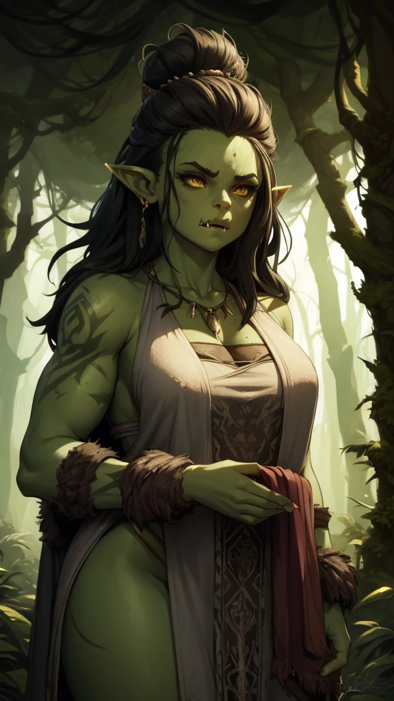 Young orc woman, big fangs, female orc, (green skin) , peaceful expression, dirty clothes and hair, wool and fur clothes, (wearing dirty linen dress), bone jewelry, forest background, natural lighting, tribal tattoos, big body, highly detailed, 4k, comic artwork, dramatic lighting, cinematic, fantasy art, ultra high quality, sharp Focus, orczor