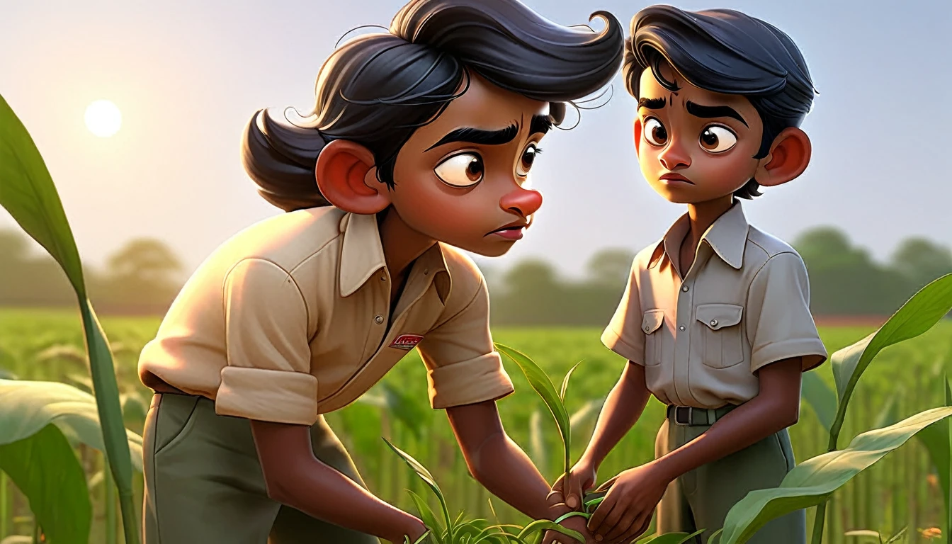 Raju helping his father in the fields after school, showing his dedication.
Elements: Raju and his father working together in the fields, planting or tending to crops.
Lighting: Soft, golden evening light creating a serene atmosphere.
Vibe: Hardworking, cooperative, and committed.