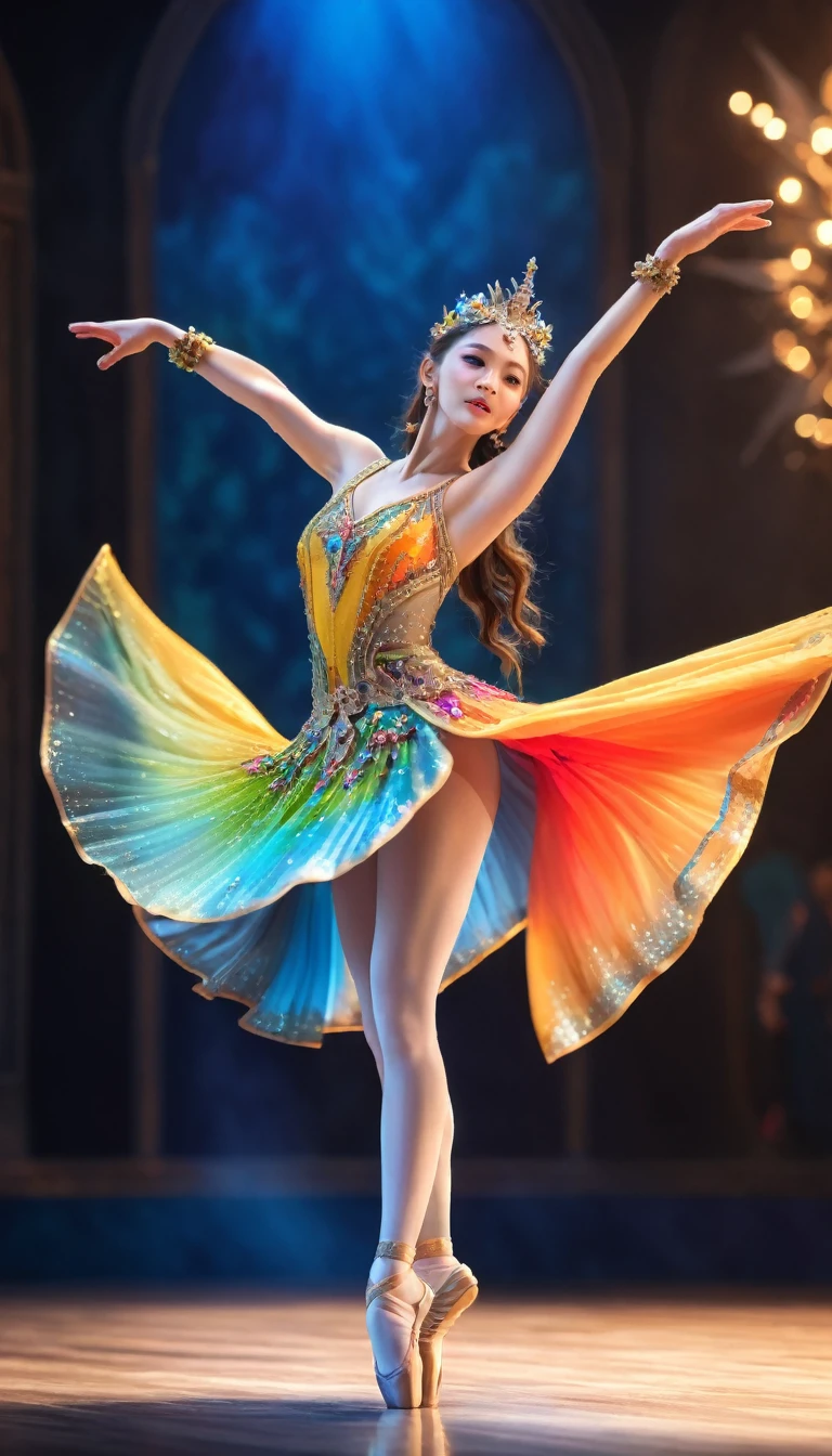 intricate fantasy dancer, full body shot, elegant dance performance on stage, beautiful detailed fantasy dress, pirouette on one leg, magical fantasy world, best quality, 4k, 8k, highres, masterpiece:1.2, ultra-detailed, realistic, photorealistic:1.37, HDR, UHD, studio lighting, ultra-fine painting, sharp focus, physically-based rendering, extreme detail description, professional, vivid colors, bokeh, fantasy art, concept art