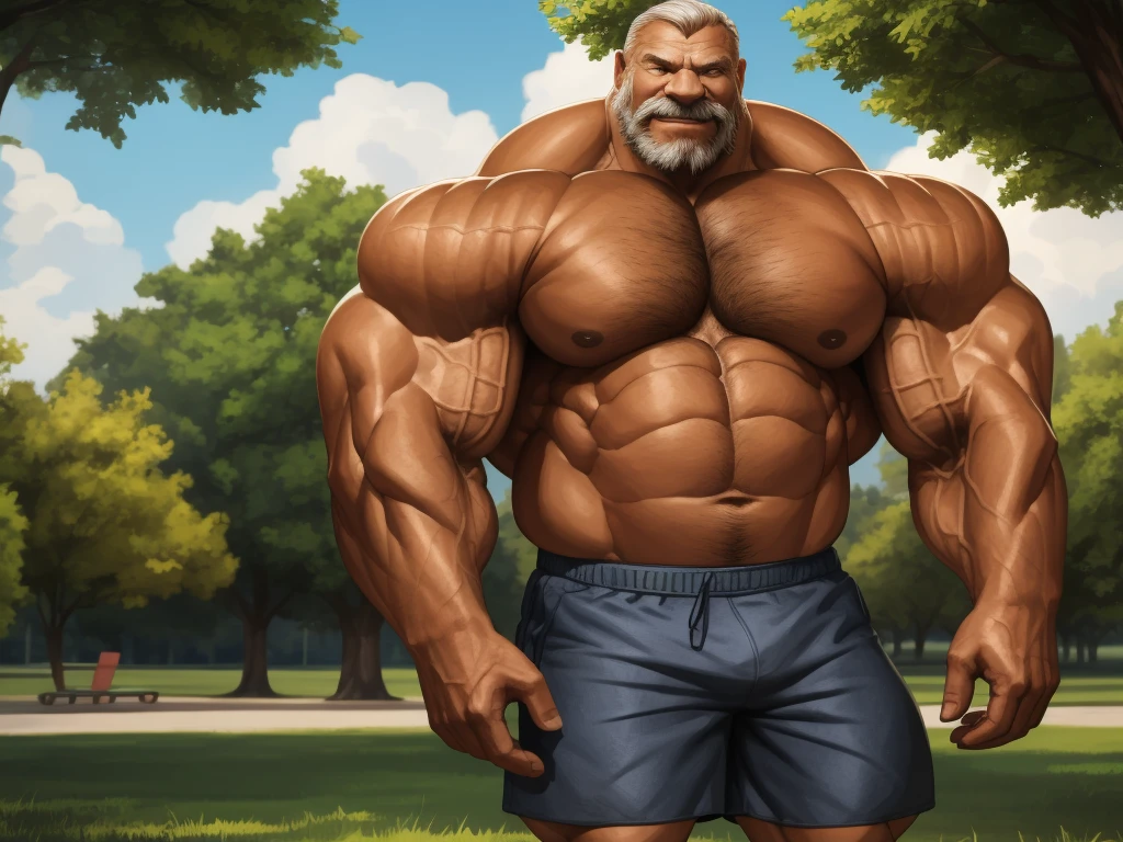 1boy, 1man, solo, (realistic:1.3, hyperrealistic, hyper realistic, super realistic). Park, extremely huge muscular, massive muscular , (topless, shirtless, shorts), well-muscled old man. ((extremely muscle size, super thick arms, huge pec, extremely wide pectoral , huge arms)), wide smiling. Add textures and details to make the image more realistic, such as the appearance of the. Make sure the resulting image is high resolution, 8K quality