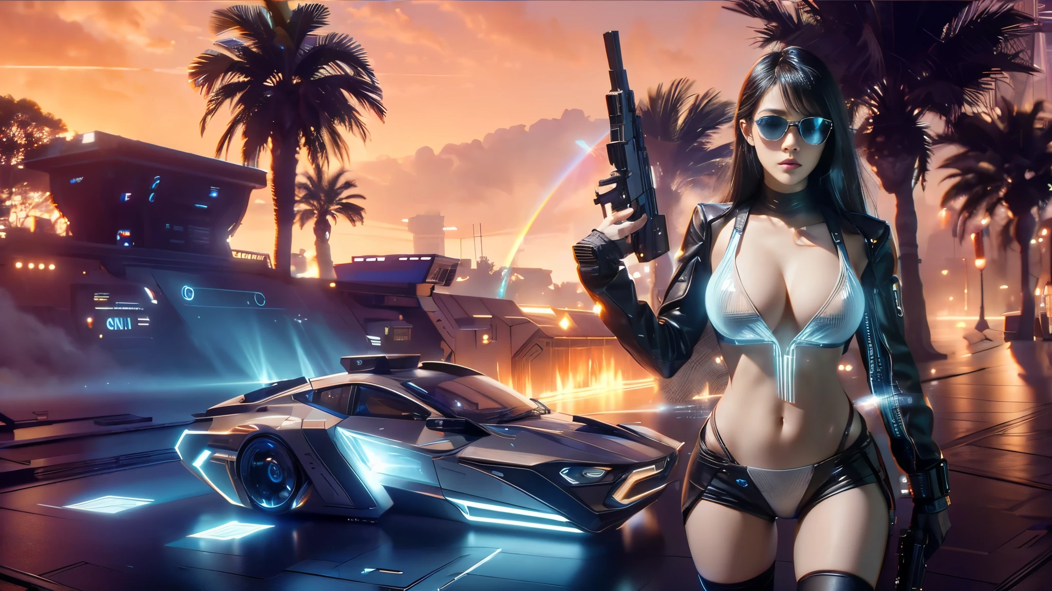 DonMH010D15pl4y, cyberpunk city street. (((1girl, solo, alone))), blue holographic portrait, large-breast:1.2 slim:0.6 body, slim face, cleavage:1.1, sexy jacket, (black sunglasses), (((holding a pistol))), dynamic pose, ((half-body thigh:1.1 level medium shot)), mysterious fog, cinematic lighting, ray tracing.