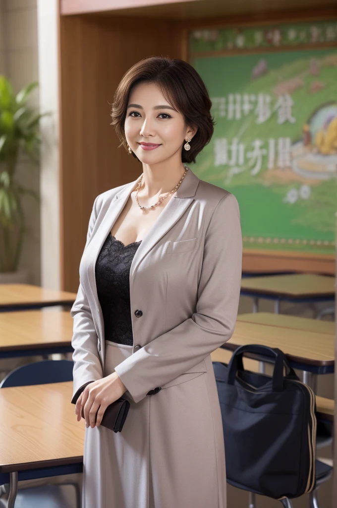 ((masterpiece))、((Highest quality))、picture、Reality、High-level image quality、Advanced Depth of Field、Ultra-detailed、Realistic lighting、Dynamic composition、(Stand at the back of a school classroom:1.3)、Visiting Day、Curly short hair、（Married women、70s）、Beautiful woman、Mature Mom、Delicate facial features、Realistic Background、Big sexy lips、Sensual smile、Smiling shyly、(Huge breasts)、(Saggy breasts:1.2)、(A modest formal suit to wear to the entrance ceremony 1.4）、Jacket、Necklaces and earrings