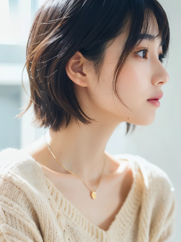 ultra high res, RAW photo, cute japanese women photos, long sleeve dress, very short bobbed hair, Upper half of weist, surface focus, pensive, light blush, extra large size_sweater, necklace, simple background, looking at the viewer, mix 4, (realistic Photoreal:1.37), 1 girl, cute, natural lighting, photon mapping, Physically based rendering, shortcut, short hair, Handsome, girly, (clean face), (Detailed facial description), (detailed description of handasseter muscle part), (Detailed CG), Rich details, (exquisite features), (detailed eye), looking forward to your eyes, delicate clavicle, Versatile poses, profile, white wall, Spring clothes, Simple necklace, Don, (photorealistic:1.4), From above, best quality, masterpiece