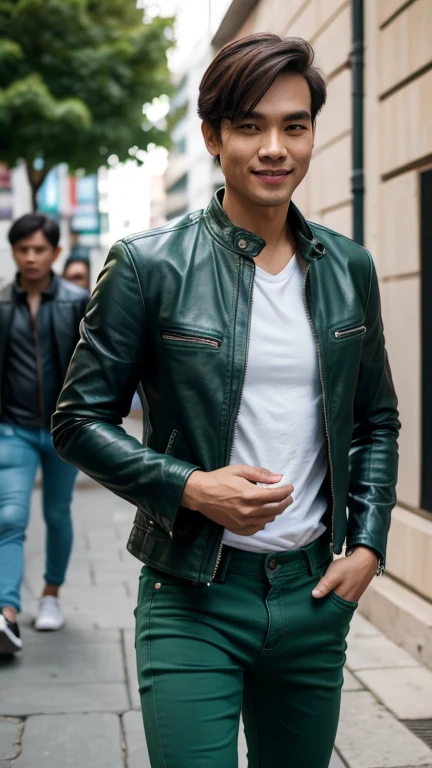 solo , 1man , thai man , leather jacket , Green shirt , blue trousers jeans , happy