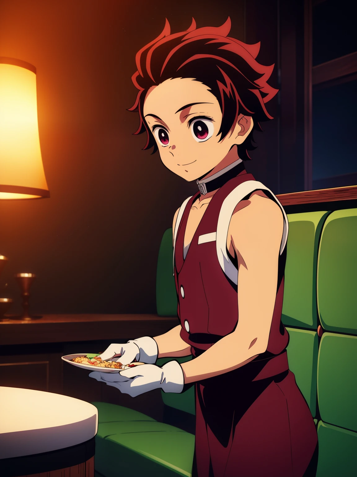 Highres, Masterpiece, Best quality at best,Best Quality,hight quality, hight detailed, Anime style, 1boy, Boy, Shota, Solo person, Tanjiro_kamado, Demon slayer, Sleeveless vest, Bare shoulder, Tie, Gloves, Choker, Casino, Waiter, night day, Slim body, smile, Body, Simple beckground, Seen from the front, serving food, (very young boy), (very small and short body)