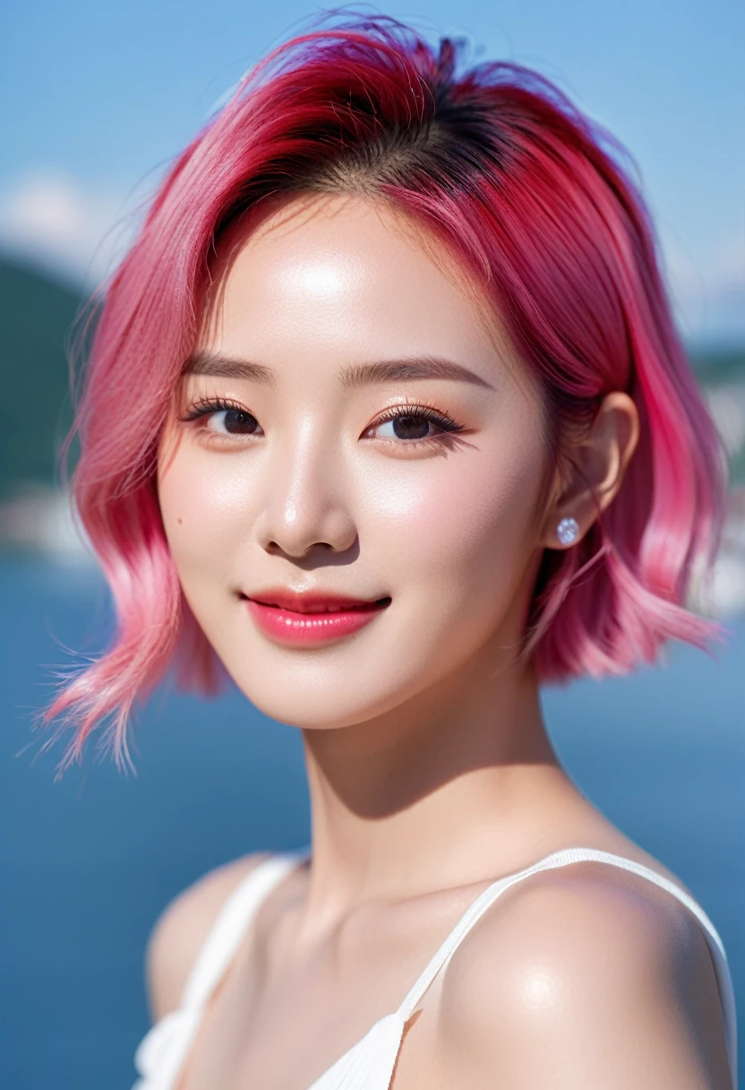 Close-up photo of the face of an extremely beautiful korean mixed idol model with perfect body. Photo taken with Canon EOS R5 85mm f/11 Camera, ((sharp)) mode of people and surrounding scenery. Image quality ((8K)), ((lifelike)), ((masterpiece)), ((sharp and highest contrast)), ((great depth of field)), ((light stereolithography)).
((Pink hair)), ((high-end cosmetic makeup)), ((bright, radiant smile)), ((brilliant glossy red lipstick)), ((Ivory, white skin bright)), detailed pores, ((glossy skin)), ((Light shining directly on the face)), bright sunlight, (((Hyper Real)))