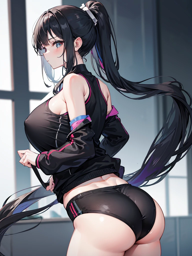 girl with long hair caught in a high ponytail in black with huge attributes (tits and butt) with nice and short exercise clothes