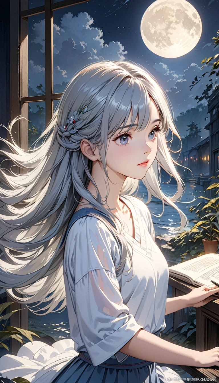 a beautiful silver-haired girl, 19 years old, long wild hair, moonlight, highly detailed, digital painting, concept art, cinematic lighting, dramatic, photorealistic, 8k, masterpiece