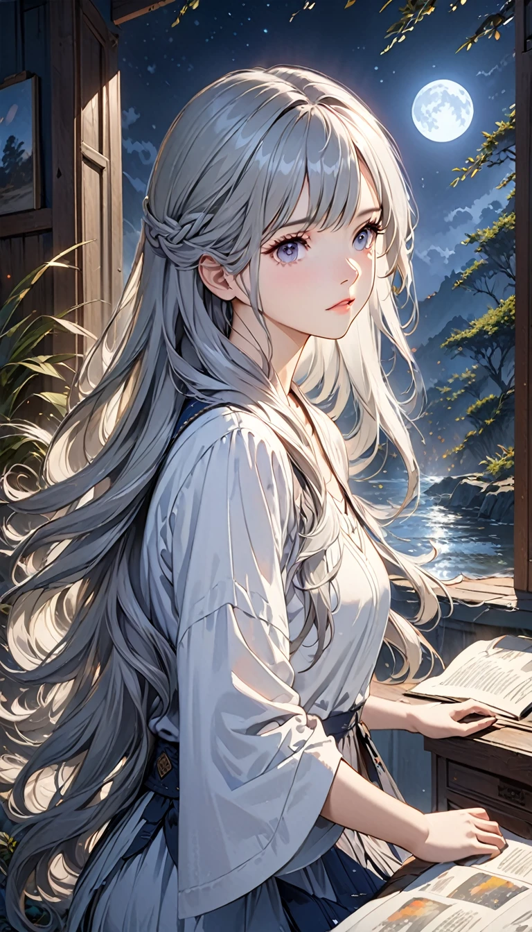 a beautiful silver-haired girl, 19 years old, long wild hair, moonlight, highly detailed, digital painting, concept art, cinematic lighting, dramatic, photorealistic, 8k, masterpiece