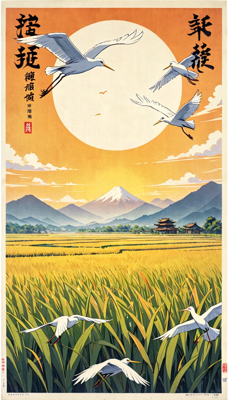 There is a Chinese poster,Distant Mountains,A cluster of ripe rice,Egrets flying in the distance