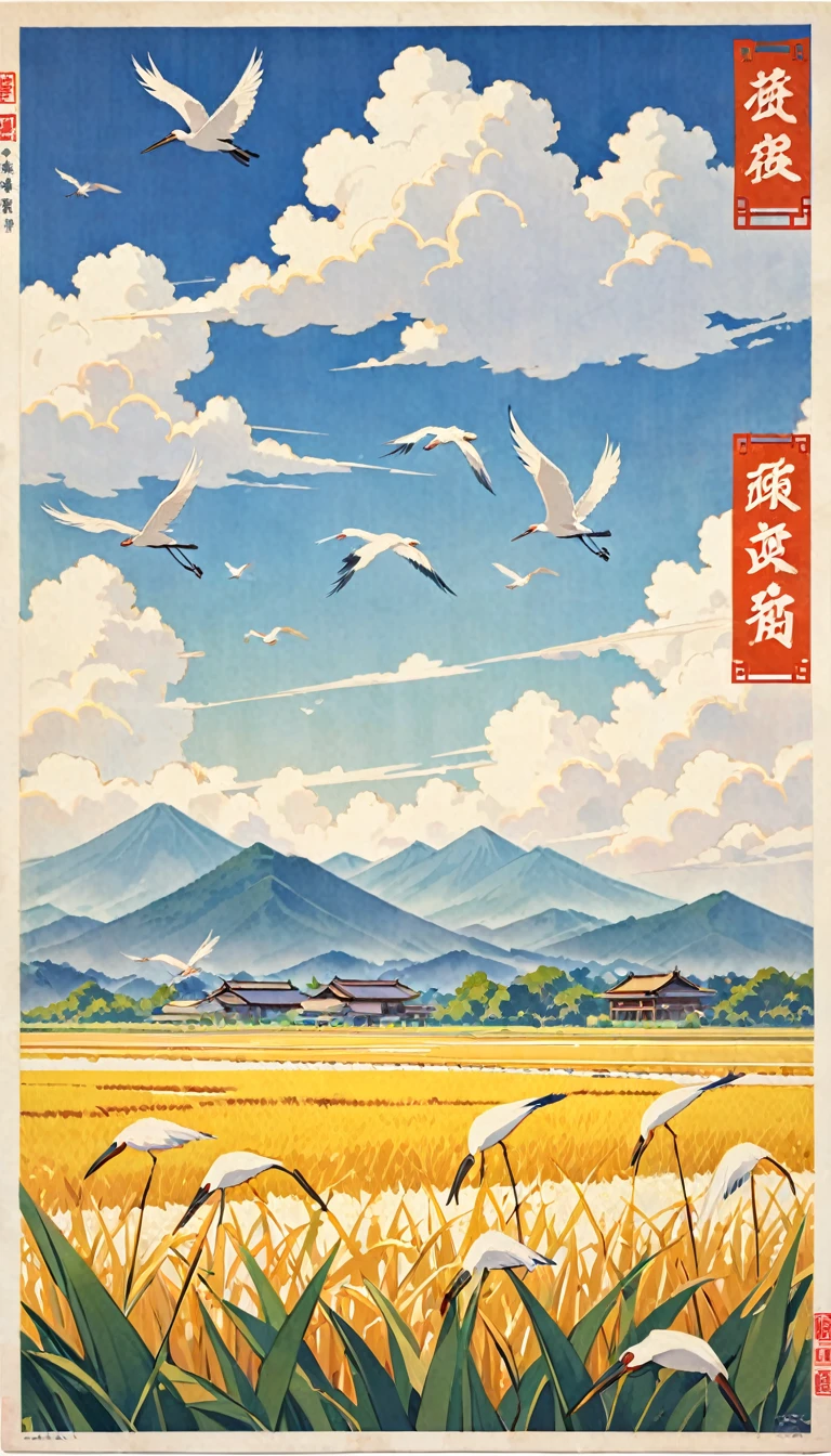 There is a Chinese poster,Distant Mountains,A cluster of ripe rice,Egrets flying in the distance