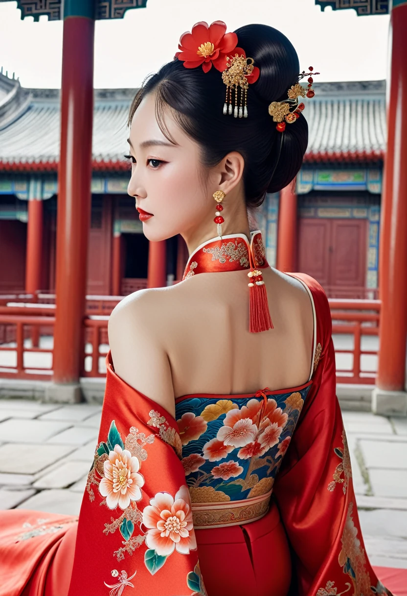 A close-up side view of the buttocks of a Chinese empress. In the background, she is lying down in a Chinese palace during the Qing dynasty, wearing red Hanfu and exposing only her large buttocks.　　　She&#39;s wearing underwear, but her protruding butt is floating up.　　　　　　　　　　　　　　　　　　　　　　　　　　　　　　
Her hair is decorated with a large, flashy flower.　
The back of the hair is tied up and up.