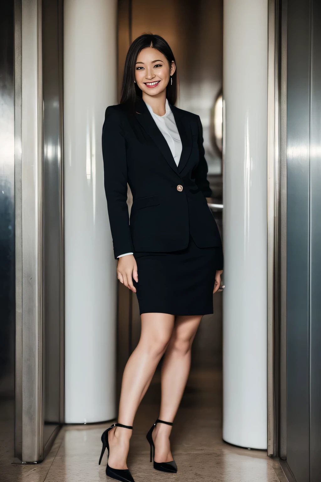 best quality, muste piece, photorealistic, high resolution, 8k Raw photo,solo, 1girl, 30 years old、look back at the elevator、smile、Press the button、business suit、legs spread wide、high heels