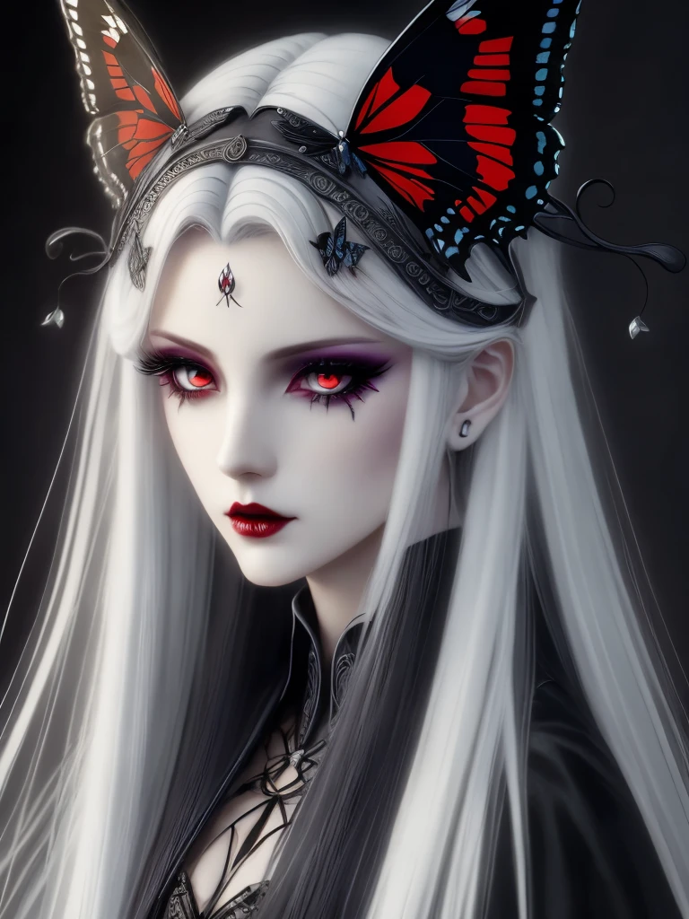 Character table, Official Art, Concept Art, Gothic style, Butterfly in hair, Long white hair, Dark Makeup, Red Eyes, Lots of details