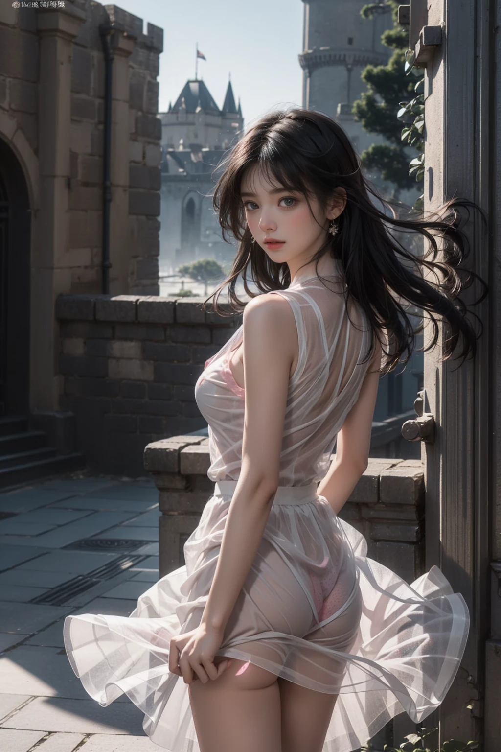 ((Girl standing in front of the castle wall))、(Rear view)、(look back)、Fluorescent color、One Girl、Looking to the side、Beautiful Face、Beautiful Eyes、(From the shoulder down:1. 2)、Upper Body、Shiny Hair、Glowing Skin、Reduce glare、Adjust finger proportions、eyebrow、Butt、Dynamic Angle、((Master part))、((Highest quality))、((Ultra Details))、(An illustration)、(Detailed light)、(Very delicate and beautiful)、Dramatic Shadows、Ray tracing、reflection、Ultra-high resolution、((Master part))、((Highest quality))、((Ultra HD))。 Ultra-high resolution、((Colorful and black hair mesh girl))、Her hair flutters in the wind、(Big deep blue eyes)、Black-haired woman、Sparkling Butterfly、black-。 Black Haired Woman、Spots of light around the woman、Magical Aura、Green dot、About Aura Natural、超魔法的オーラBlack Haired Woman、 ((Translucent pink open shoulder dress: 1. 3)、(Sleeveless)、((The skirt is soaring in the wind))、((An old European castle is hazy in the distance))、(White panties are visible)