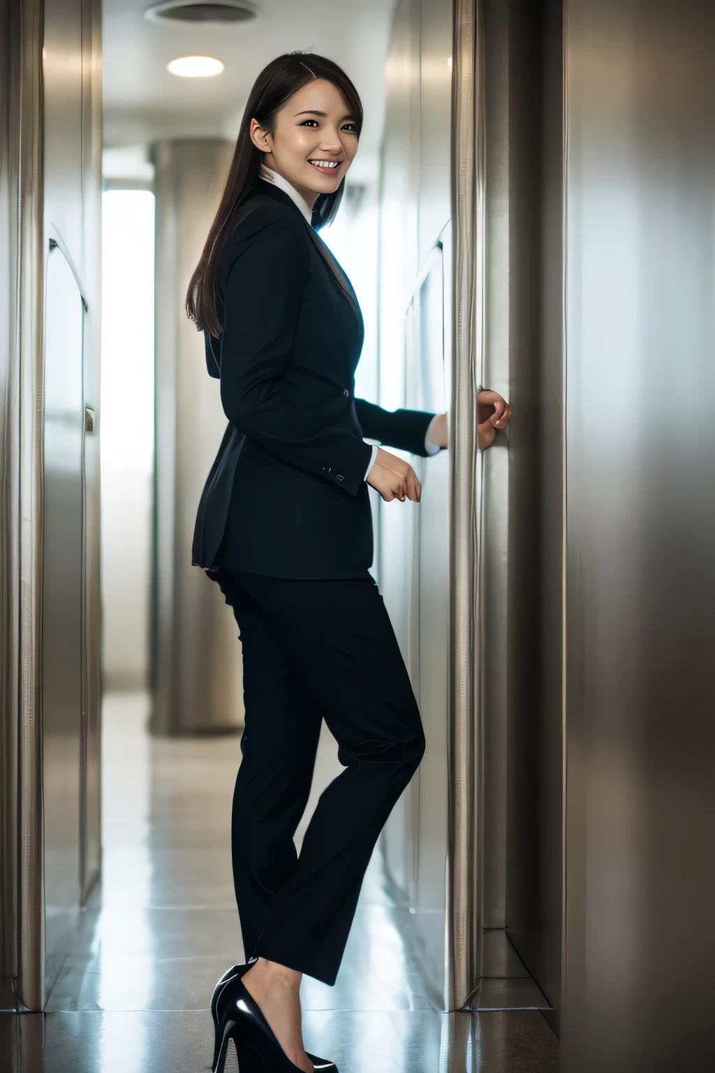 best quality, muste piece, photorealistic, high resolution, 8k Raw photo,solo, 1girl, 30 years old、look back at the elevator、smile、Press the button、business suit、legs spread wide、high heels