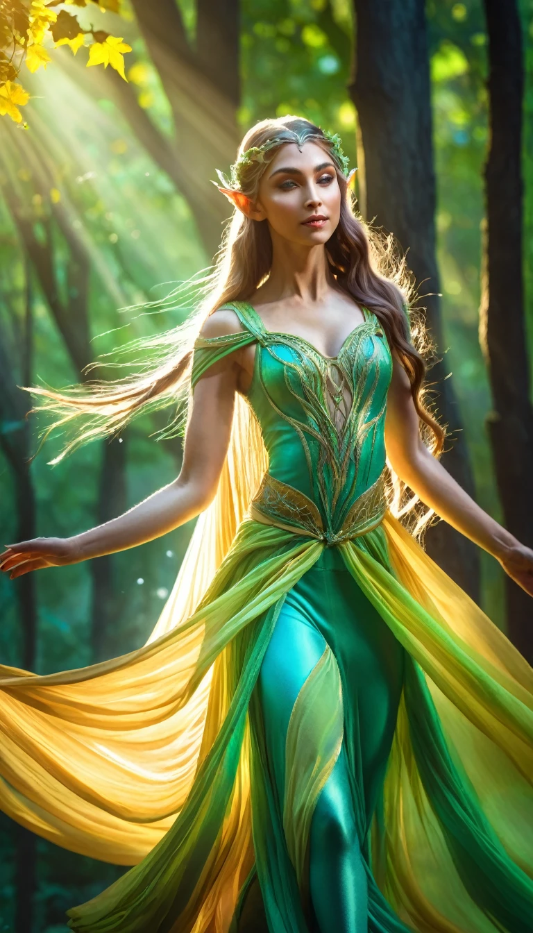 Full body shot, a beautiful elf woman dancer, extremely detailed face and body, long flowing hair, small elvennears, glowing skin, elegant dancer pose, graceful movement, dancing among trees in a magical forest, sunlight filtering through leaves, vibrant colors, dramatic lighting, cinematic composition, ethereal atmosphere, digital painting, fantasy art