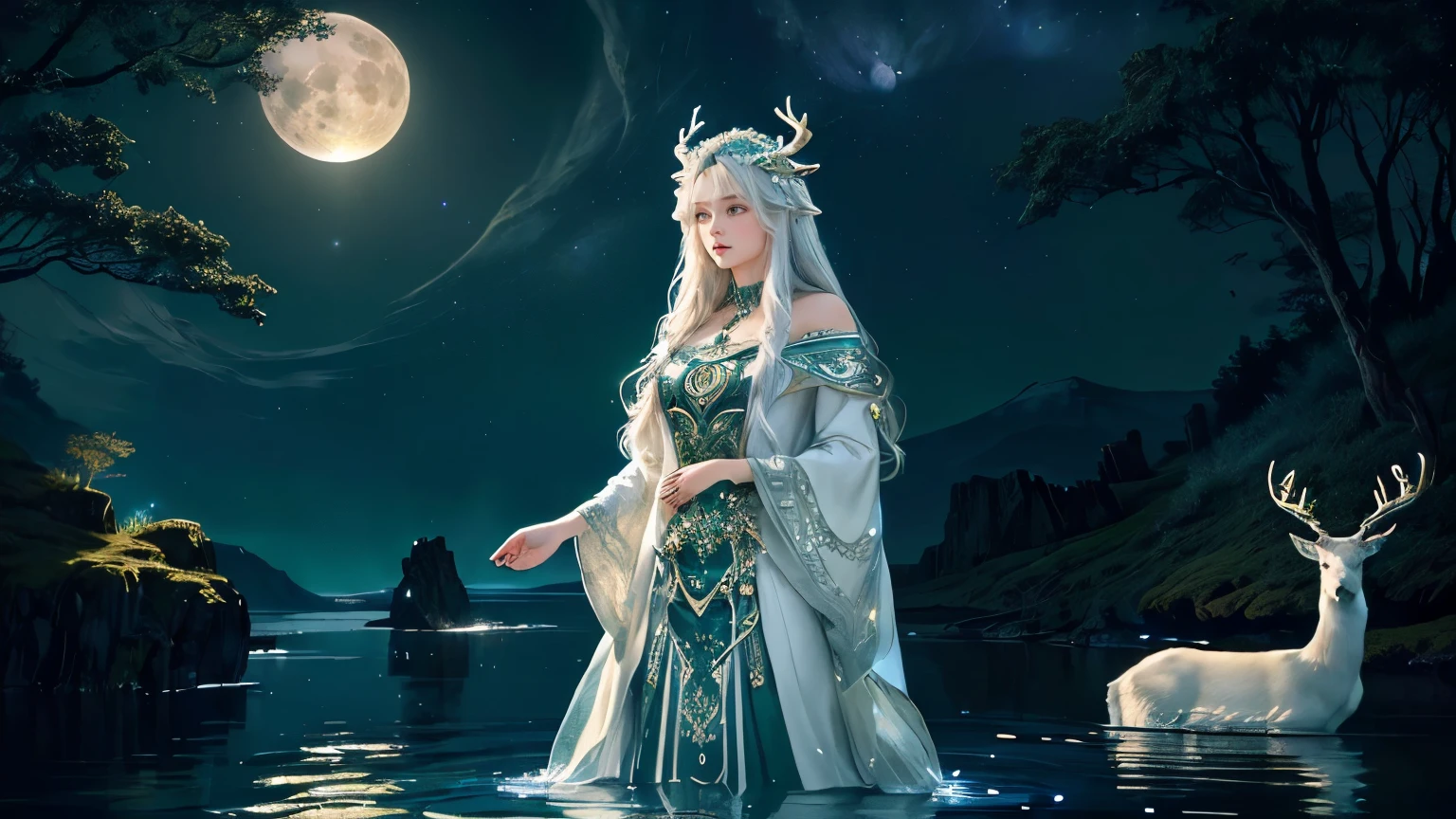 A captivating digital painting of a powerful Norse moon goddess, standing regally next to a majestic white deer in a serene, moonlit water scene. The goddess, adorned in traditional Celtic attire, radiates an ethereal lunar glow, her long, flowing hair cascading behind her. The deer, symbolizing her role as the goddess of the hunt, gazes intently at the goddess, its antlers glistening in the moonlight. The background is filled with lush, green foliage and a star-studded night sky, evoking a sense of ancient earth goddess mythology and pagan mystique.
