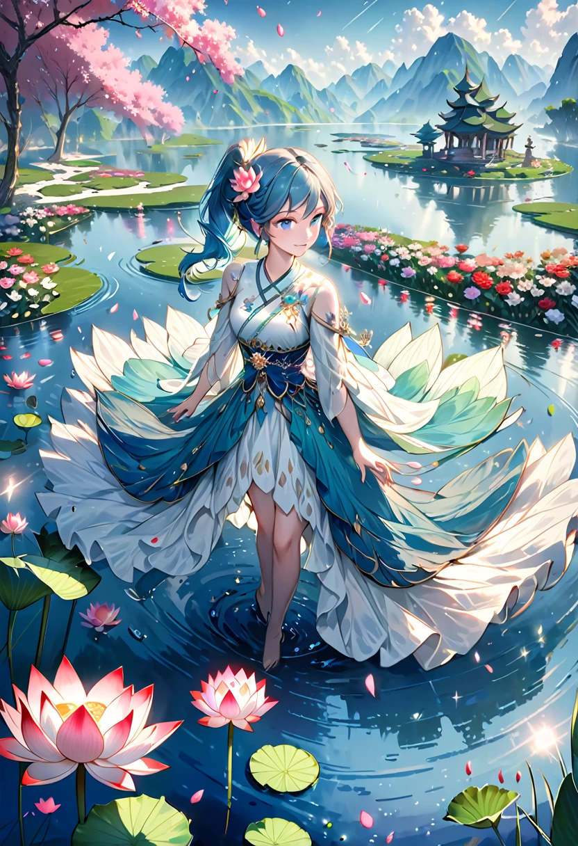 Beautiful fairy with jeweled lotus flower、Fusion of beauty and lotus flower、Fantastic waterside、Blue lotus flower、Drops dripping from petals、Beautiful jewel lotus flower、Wind、幻想的Wind景、beautiful pond、File Fantasy-like grandeur、masterpiece、High resolution, Award-winning works、Sparkle Effect,