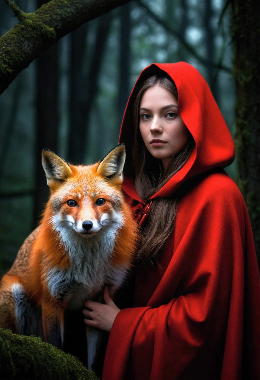 The Girl in the Red Cloak with a red Fox in the Dark Forest detailed digital photography, photorealistic , art photography