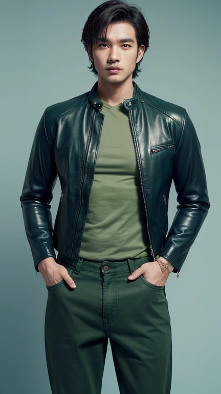 solo , 1man , thai man , leather jacket , Green shirt , blue trousers jeans , happy
