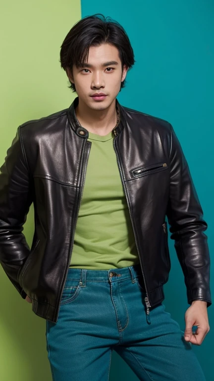 solo , 1man , thai man , leather jacket , Green shirt , blue trousers jeans , happy