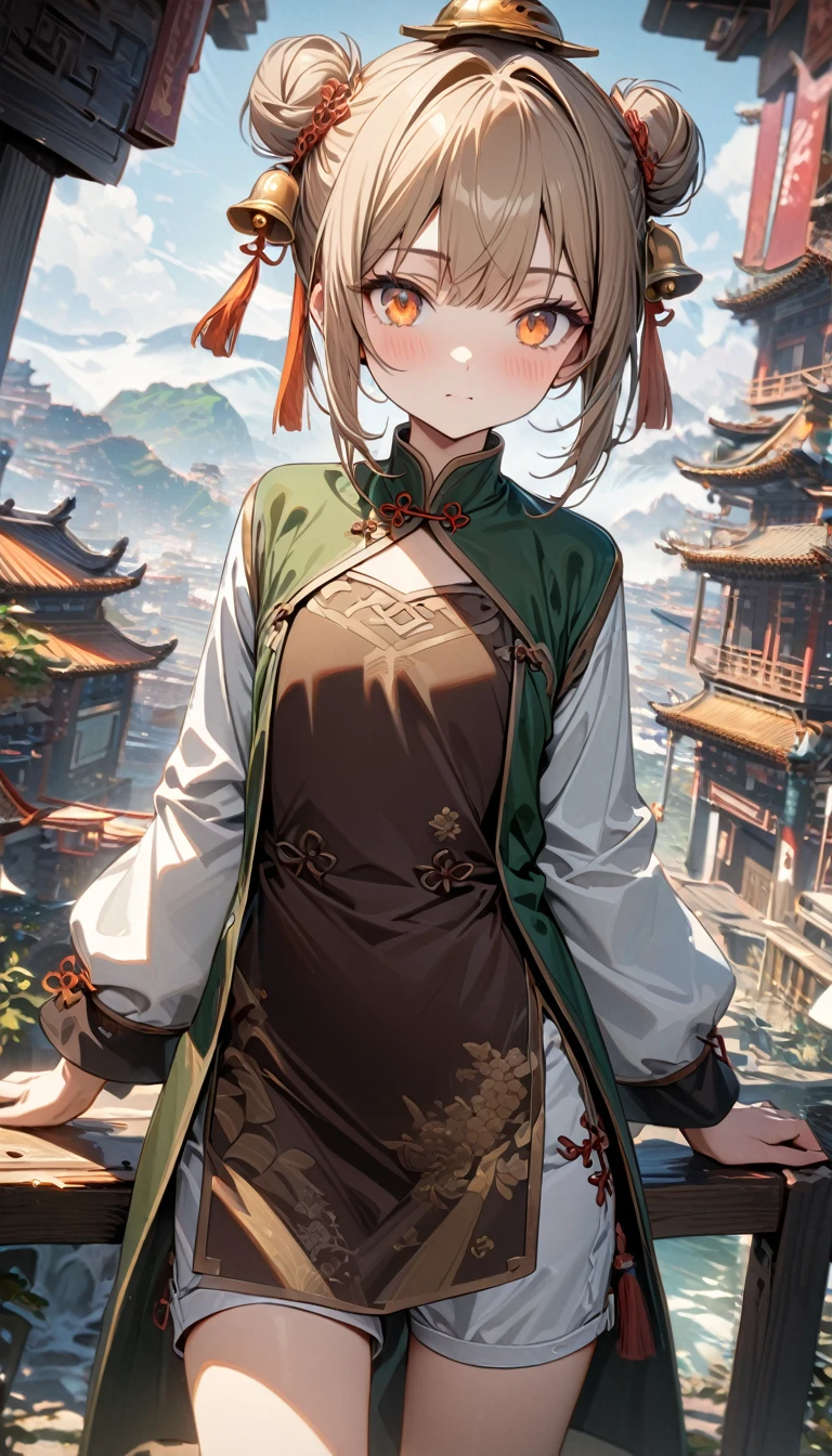 young girl, light brown hair, two buns, two chinese bells on head, orange eyes, brown chinese dress, green chinese jacket, white lush sleeves, white shorts, amile, flat chest, Masterpiece, best quality, Full HD, 8k, ultra details, great graphic