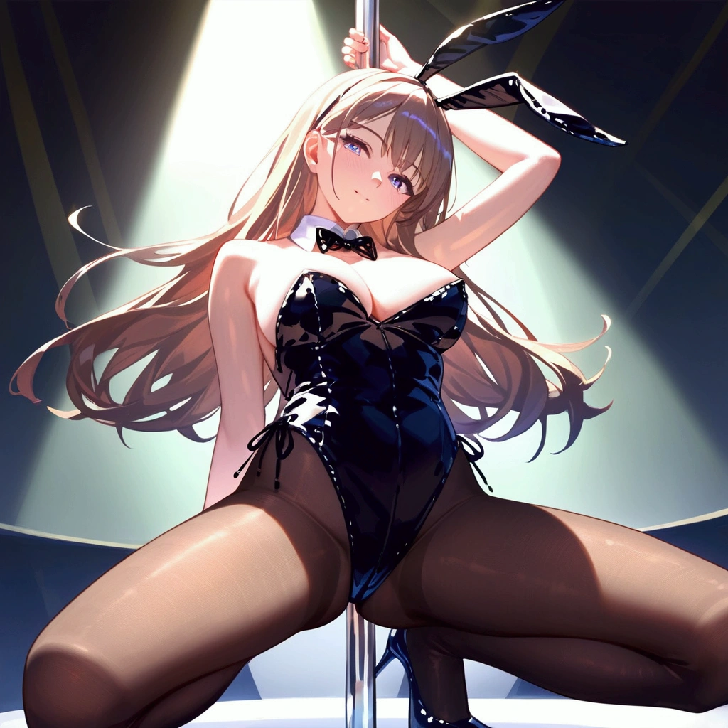 score_9, score_8_up, score_7_up, source_anime, spotlight, glowing, nightclub, pole, pole dance, 1girl, playboy bunny, pantyhose, hands, masterpiece, best quality, detailed, 