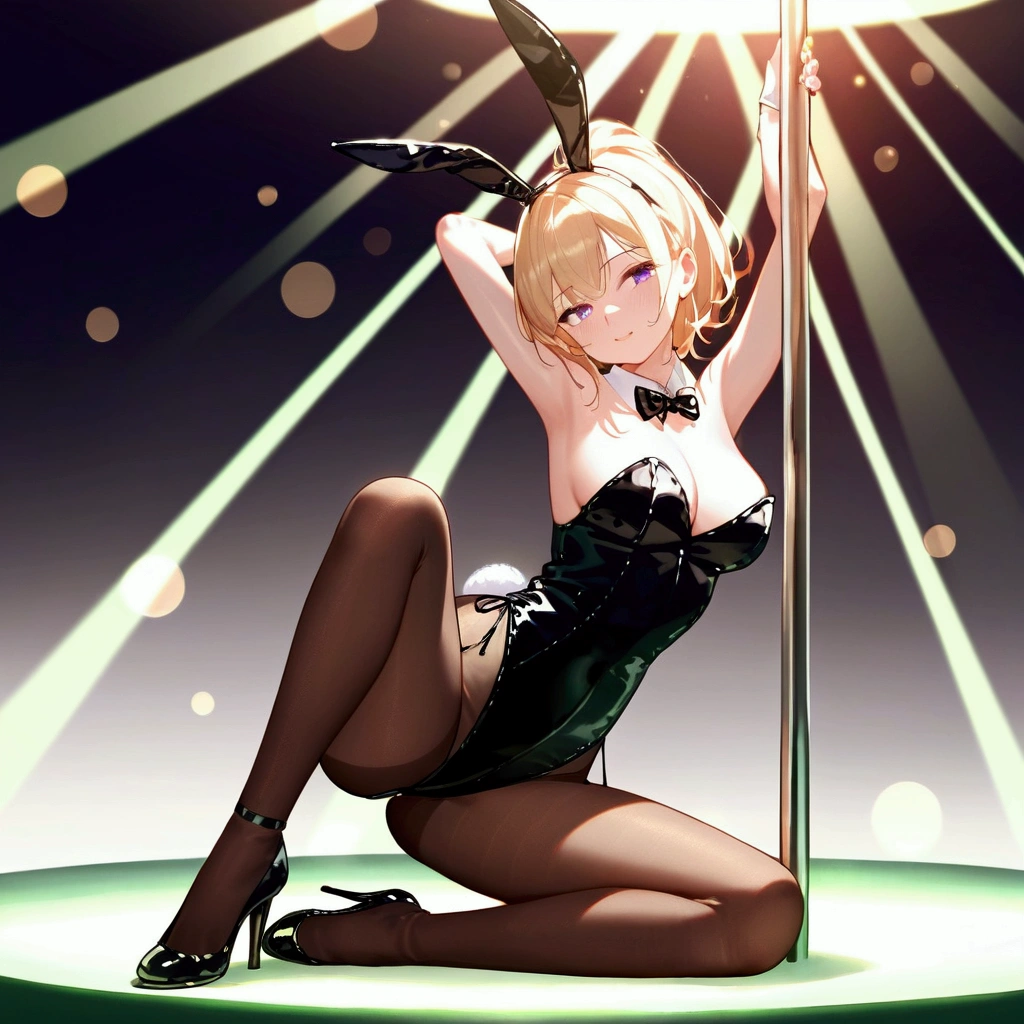 score_9, score_8_up, score_7_up, source_anime, spotlight, glowing, nightclub, pole, pole dance, 1girl, playboy bunny, pantyhose, hands, masterpiece, best quality, detailed, 