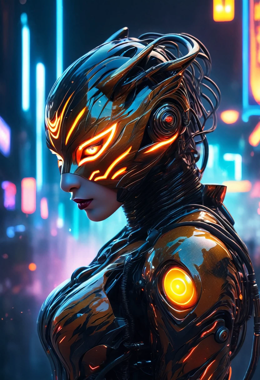 (best quality,4k,8k,highres,masterpiece:1.2),ultra-detailed,(realistic,photorealistic,photo-realistic:1.37),(from behind:1.5),1 android girl, beautiful detailed eyes, beautiful detailed lips, extremely detailed eyes and face, longeyelashes, metallic skin, mechanical body,sleek design,fierce expression,tiger-inspired features,striking orange and black stripes,glowing neon lights,wisps of exhaust smoke,urban sci-fi setting,gritty atmosphere,city skyline in background,high-tech gadgets and accessories,visually stunning,concept artists,impressive digital artwork,vivid colors,dynamic perspective,dramatic lighting,emitting ethereal glow,sharp focus,extraordinary details,highly detailed robotic limbs,sleek and polished surface,industrial style,enhanced strength and agility,androids resembling wild animals,mixture of beauty and power,exuding a sense of mystery,intense and captivating scene,blurring the boundaries between machine and nature, (glowing tiger eyes:1.5)