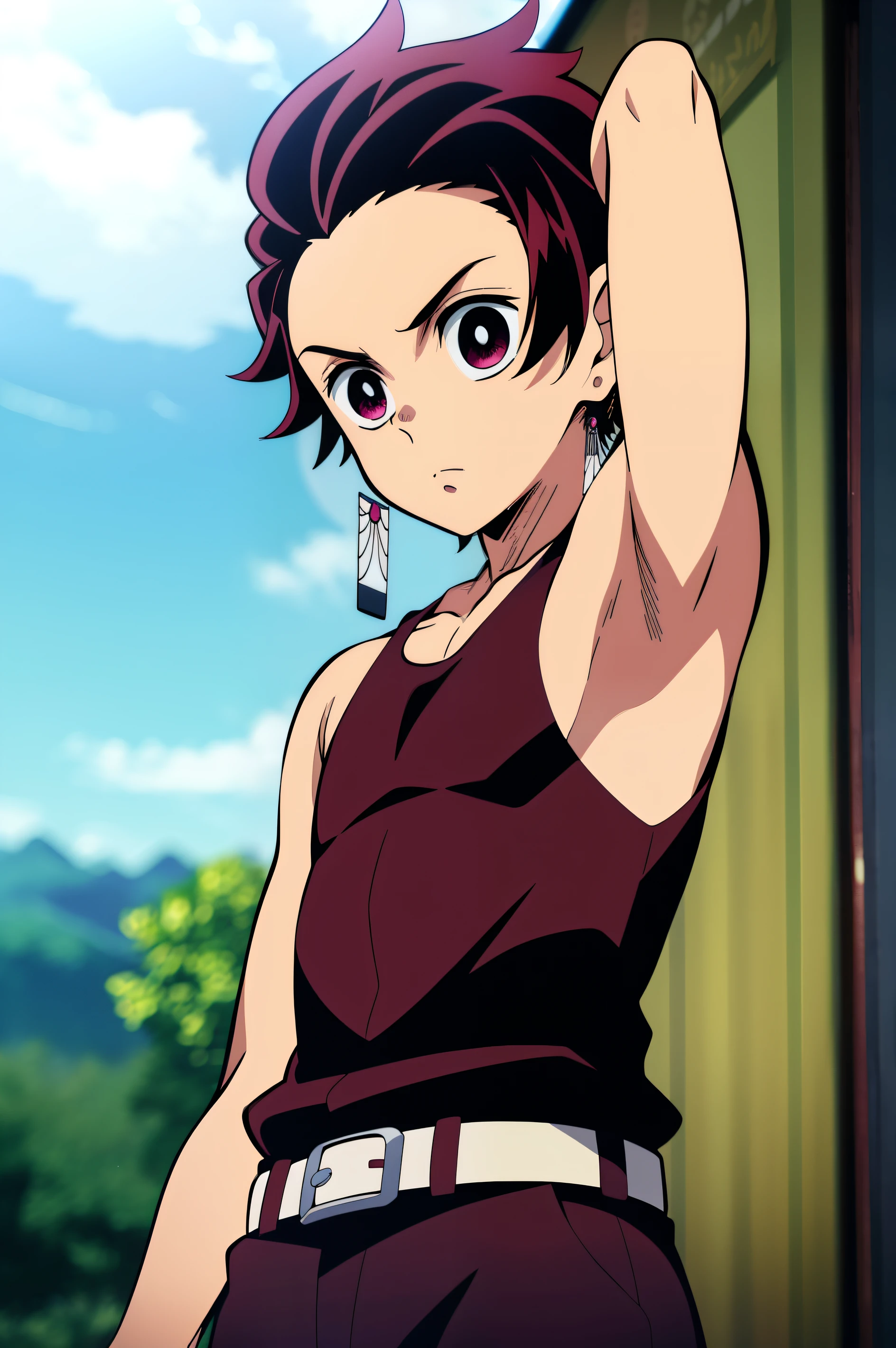 Highres, Masterpiece, Best quality at best,Best Quality,hight quality, hight detailed, Anime style, 1boy, Boy, Shota, Solo person, Tanjiro_kamado, Demon slayer, Earring, Tank top, Belt, Summer day, Slim body, Upper body, Blurry beckground, Seen from the front, (Showing armpit:1.3), (very young boy), (very small and short body), Uhd