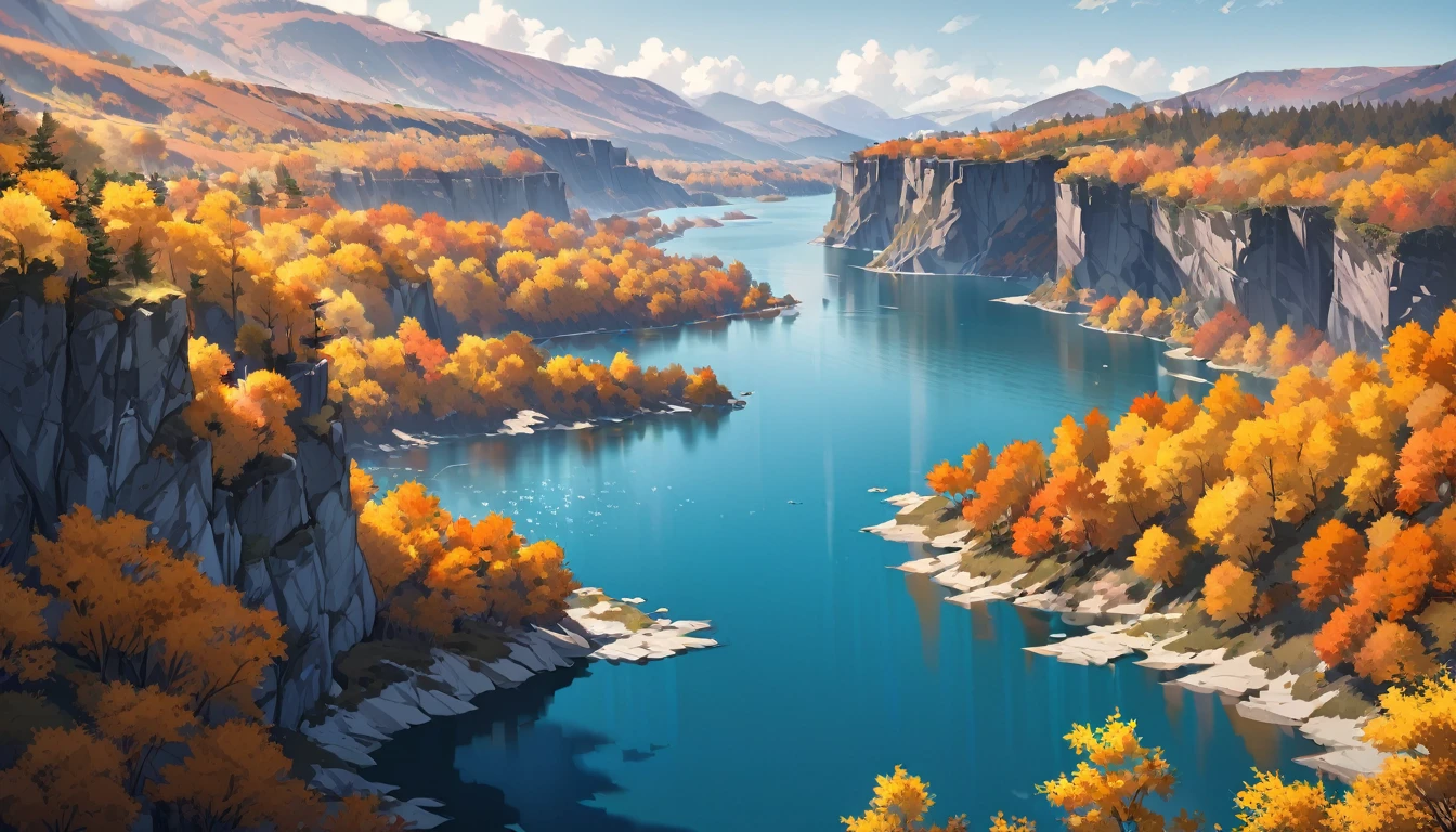 cliff，river ，Fall，Wide lake ，