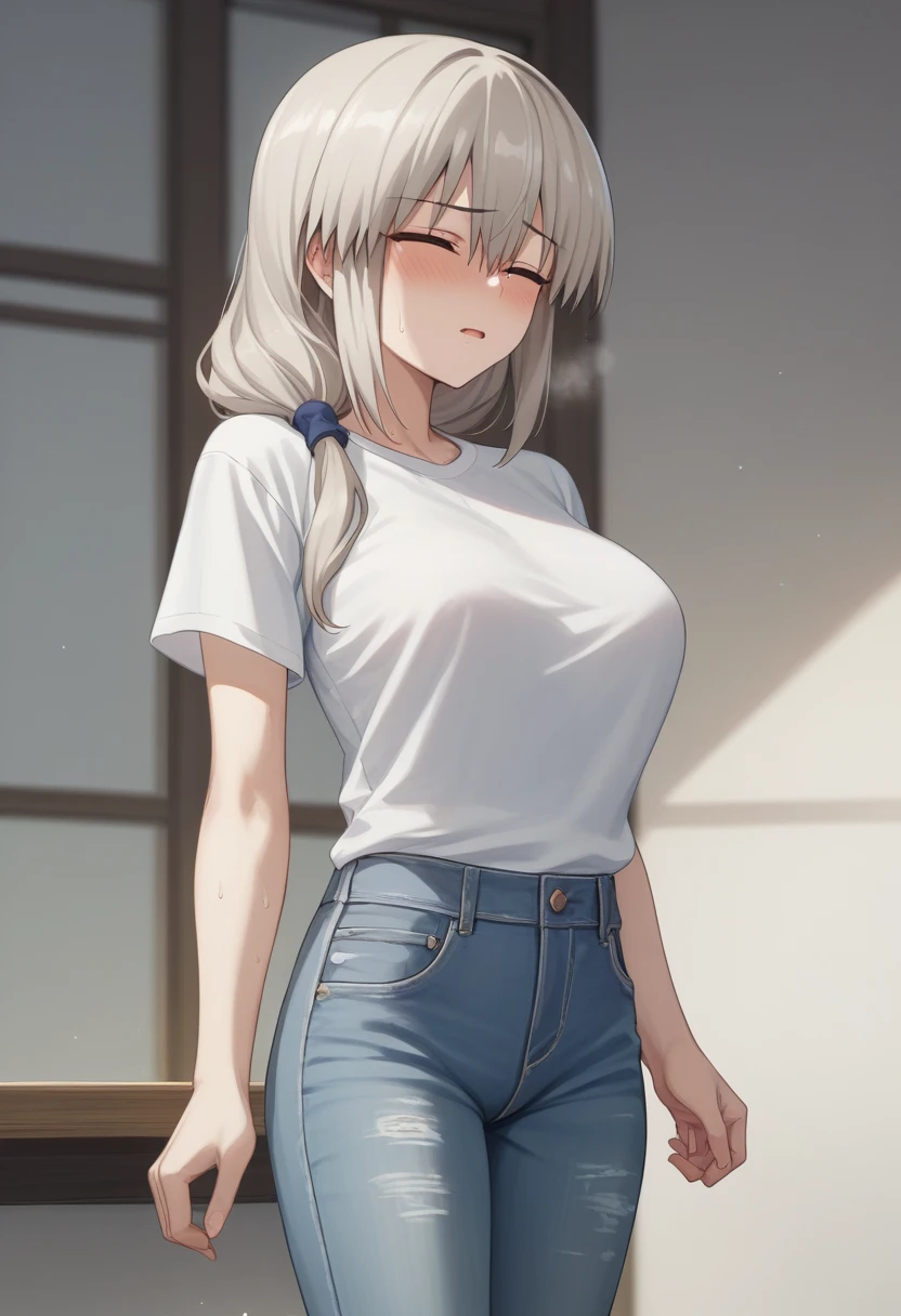 Large Breasts、blush、Sweat、In the heat、Long white hair、Braiding、uzaki_fortune、
{Highest quality}, {so beautiful}, {Very detailed}, {Best illustrations},Life、slim:1.5、Short sleeve white t-shirt(tight)、Denim long pants、Are standing、