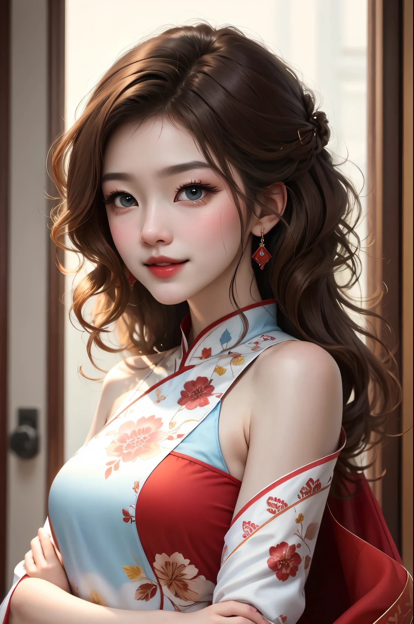 high resolution,smile,woman,woman1人,adult,cute, Medium Hair,wavy hair, Brown Hair,Light blue eyes, Red sleeveless cheongsam,whole body,Facing forward, BREAK Background white,