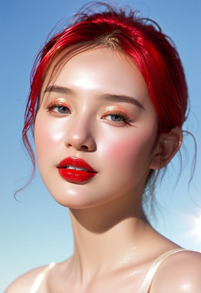 very beautiful girl, korean mixed idol model;
age from 18-20 years old;
detailed, ivory-white, rosy, shiny, glossy skin;
golden red hair, smooth, flowing in the sunlight, detailed;
blue eyes, seductive, ((sharp makeup)), realistic, ((wet)), detailed, pink eyeshadow;
two delicate eyelids, perfectly beautiful, detailed, black eyelashes;
curved, sparse, sharp, detailed eyebrows;
beautiful and perfect face, saintly, light makeup, perfectly proportioned, beautiful in every detail, ((shiny)), cosmetics;
beautiful, lovely, high, detailed nose;
Blush, prominent, detailed cheekbones;
seductive lips, glossy pink lips;
radiant smile, pure white teeth, details;
super perfect body, full of vitality, tight clothes;
big and full breasts, prominent nipples, deep, firm cleavage, tight with bra, detailed;
plump buttocks, tight fitting underwear;
wearing a mesh bra, metallic thread, ((shiny));
wearing tight, bright red underwear;
Lifelike:1.1, ((masterpiece)), ((highest quality image)), ((not NSFW)), ((8K)), CG, HD, ((sharp and contrast)), ( (super beautiful graphics)), ((professional)), ((detailed and vibrant colors)), ((super smooth images)), ((advanced photo techniques)), ((true RAW) ), ((Perfect image texture)), ((Perfect image scale structure));
complex light, yellow-black rays, ((lighting the face));
sunlight ((sparkle)), ((illuminates the girl's body));
((golden armor)), ((dragon scales)) ornately decorated;
Photo taken with Canon EOS R5 85mm f/11 Camera, ((sharp)) mode of people and surrounding scenery. Image quality ((8K)), ((lifelike)), ((masterpiece)), ((sharp and highest contrast)), ((great depth of field)), ((light stereolithography)).
((Pink hair)), ((high-end cosmetic makeup)), ((bright, radiant smile)), ((brilliant glossy red lipstick)), ((Ivory, white skin bright)), detailed pores, ((glossy skin)), ((Light shining directly on the face)), bright sunlight, (((Hyper Real)))
