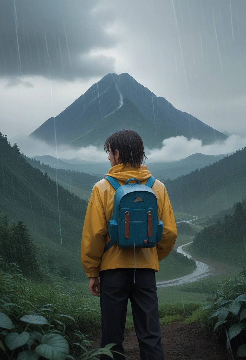 A person with a large blue backpack and a yellow jacket.Stands in a mountainous area under the rain.The person behind the camera is facing the mountain.The scene is surrounded by lush vegetation, adding cloudy and dramatic sky to the image space.The mountains of the skyrocketing are partly covered by dust and rain in the background, creating an adventure and exploration.realistic.Rain.Dark.Adventure.Cloudy.Light light