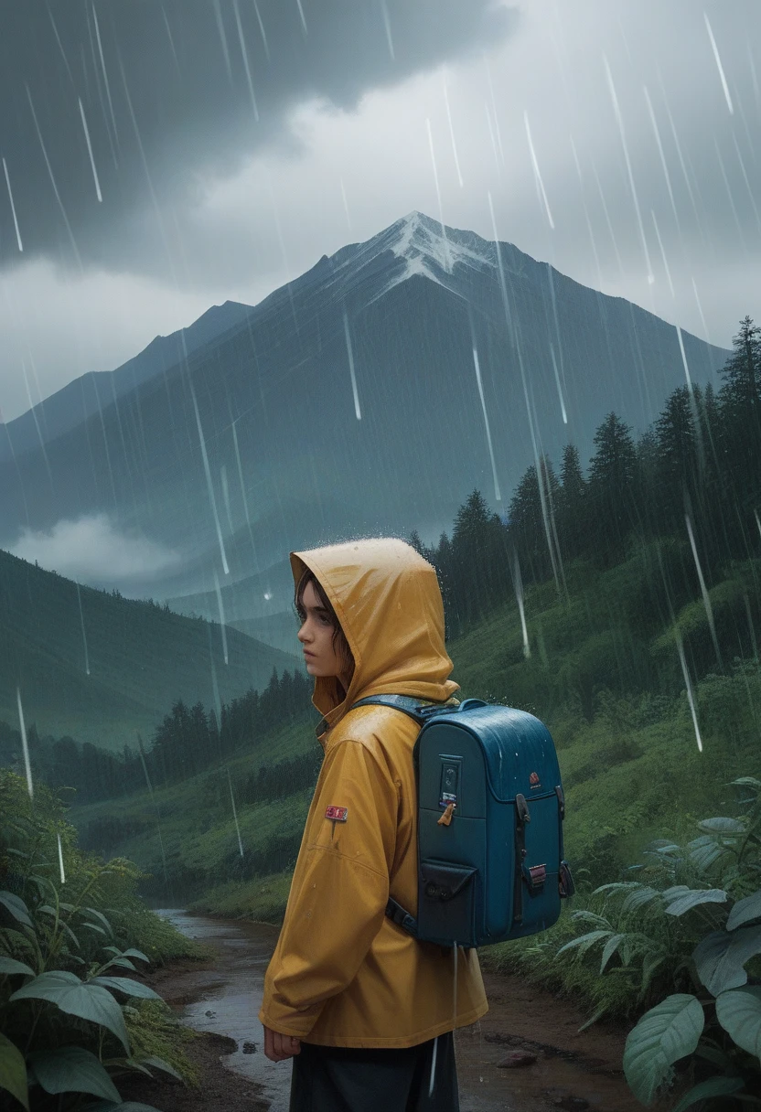 A person with a large blue backpack and a yellow jacket.Stands in a mountainous area under the rain.The person behind the camera is facing the mountain.The scene is surrounded by lush vegetation, adding cloudy and dramatic sky to the image space.The mountains of the skyrocketing are partly covered by dust and rain in the background, creating an adventure and exploration.realistic.Rain.Dark.Adventure.Cloudy.Light light