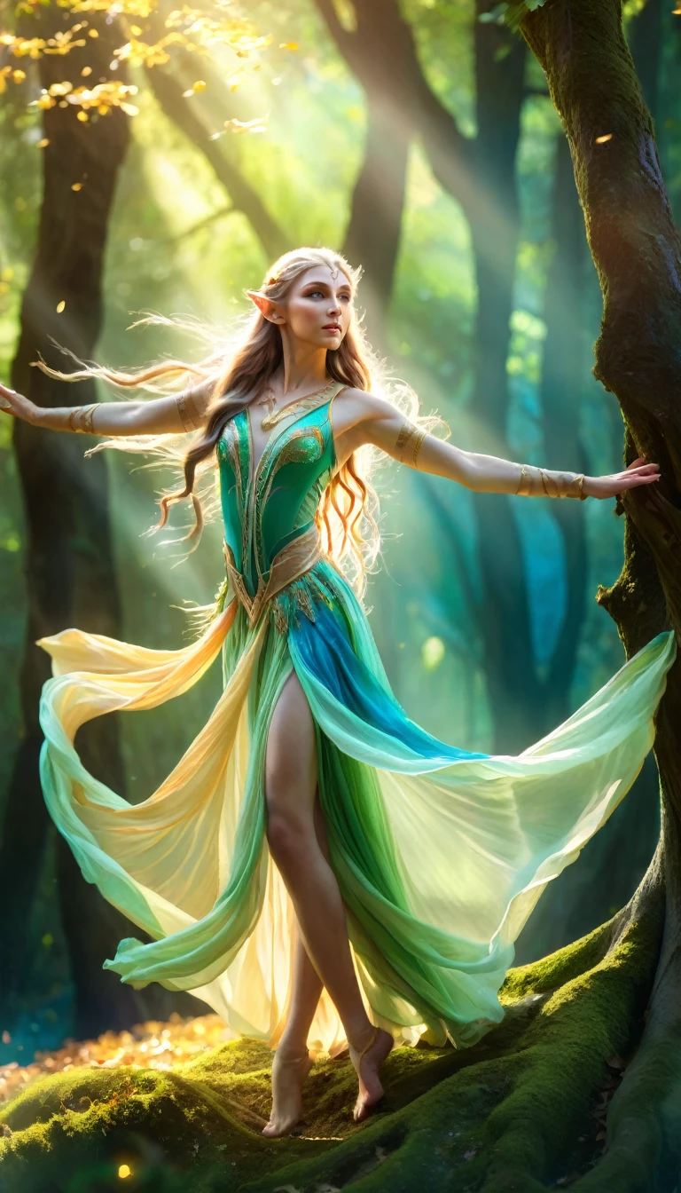 Full body shot, a beautiful elf woman dancer, extremely detailed face and body, long flowing hair, small elvennears, glowing skin, elegant dancer pose, graceful movement, dancing among trees in a magical forest, sunlight filtering through leaves, vibrant colors, dramatic lighting, cinematic composition, ethereal atmosphere, digital painting, fantasy art