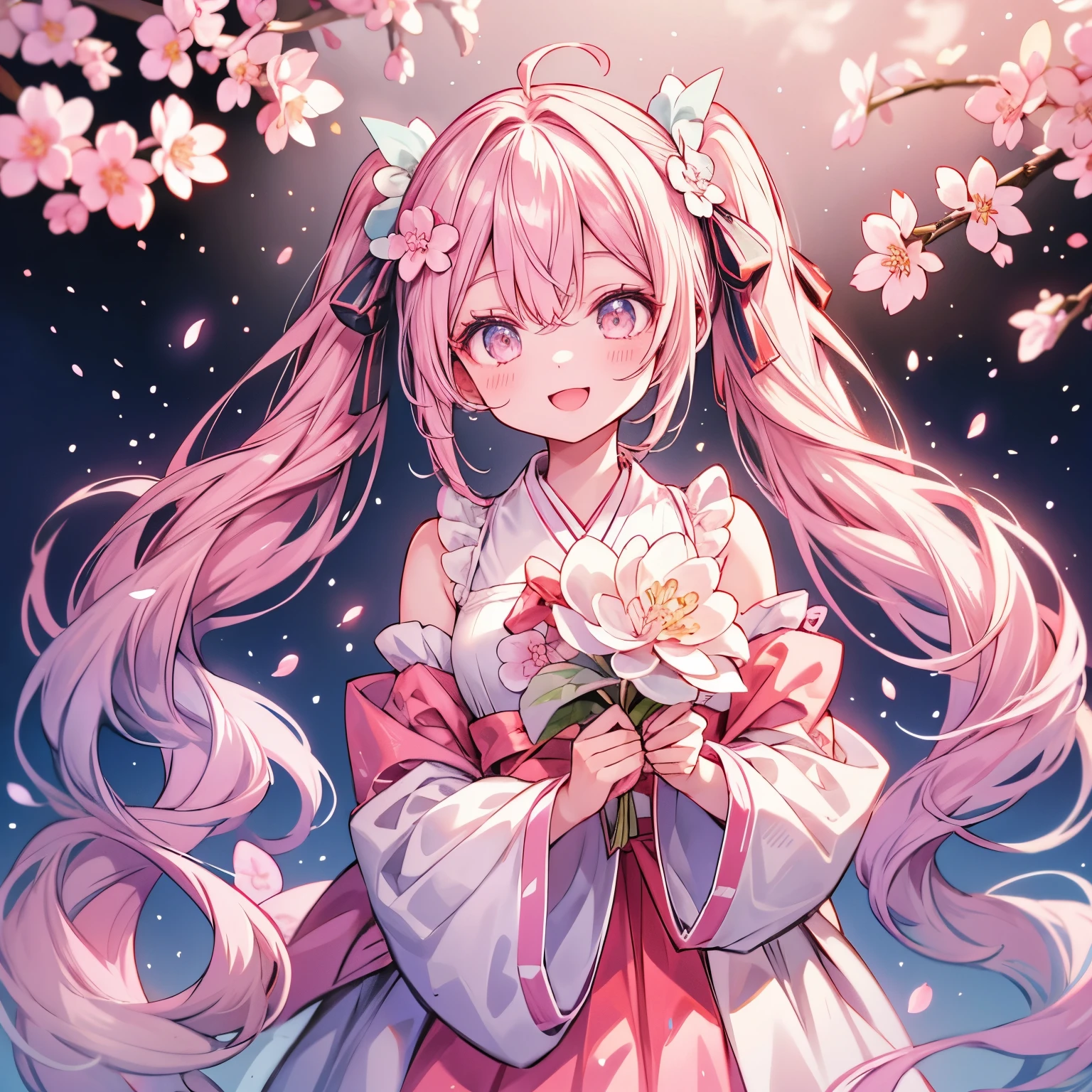 Sakura Miku、smile、Open your mouth、Particles of light、Observe the audience、Look at this、Cherry blossom background