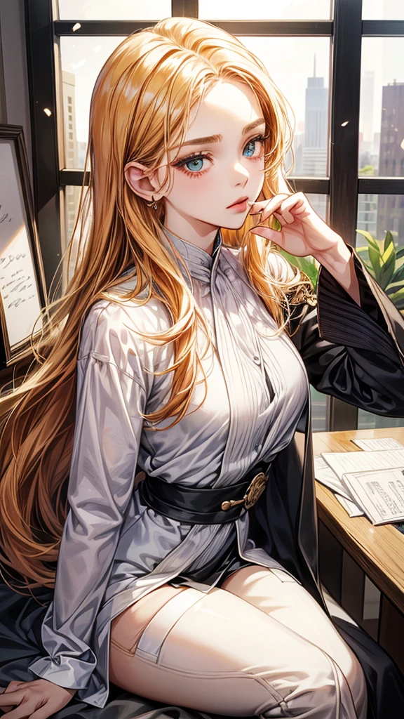 One beautiful office woman,
Very long hairstyle 、ginger hair , emerald eyes, beautiful eyes, detailed eyes ,
Two-tone hair colors,small face、anime makeup、"A girl with a cute and androgynous face"、white skin、cute eyes、thin eyebrows、tall、stylish black luxury fashion、stylish outfits 、、25 years old、British girl、Has a languid look、anger、Lower the corners of your mouth with no expression on your face、Photographed from the side diagonally、model photoshoot、masterpiece、highest quality、high resolution、office、glaring expression、korean makeup 、Cool photos、Various poses、rich ,, sexy.,large curves, big breasts, plump body. 