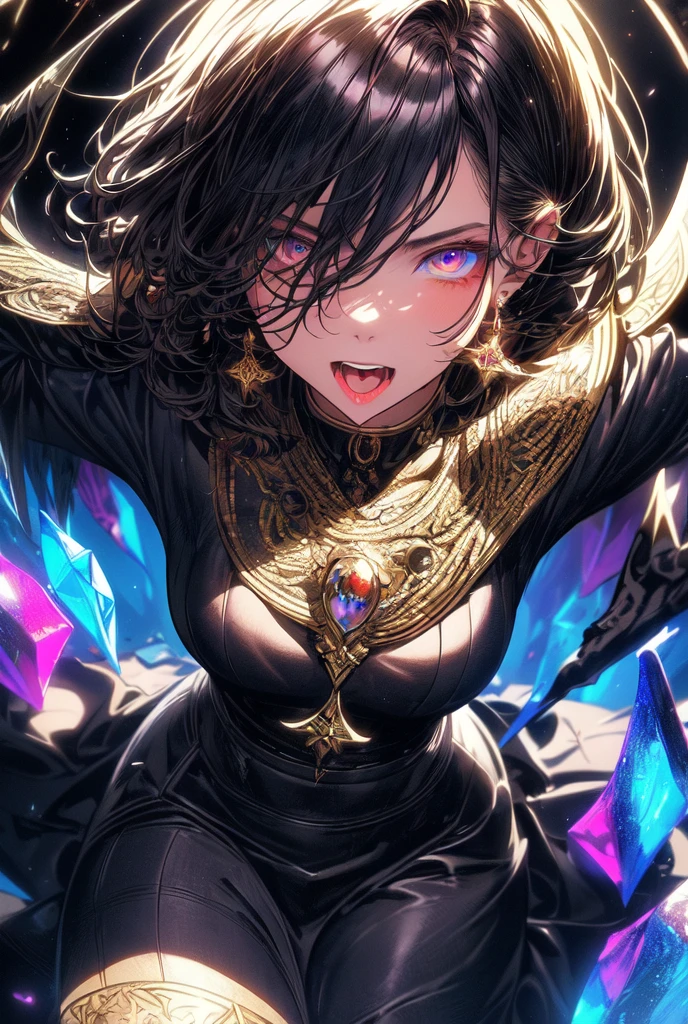 (masterpiece, best quality, ultra-detailed, best shadow), (detailed background,dark fantasy), (handsome detailed face), high contrast, (best illumination, an extremely delicate and beautiful), ((cinematic light)), colorful, hyper detail, dramatic light, intricate details, (1girl, solo,dark hair, sharp face, rainbow eyes, hair between eyes,dynamic angle), blood splatter, swirling black light around the character, depth of field,black light particles,(broken glass), mythical dragon circle, very expressive expression