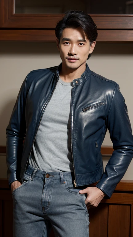 solo , 1man , thai man , leather jacket , grey shirt , blue trousers jeans , happy
