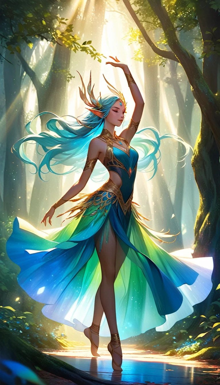Full body shot, a beautiful elf woman dancer, extremely detailed face and body, long flowing hair, small elvennears, glowing skin, elegant dancer pose, graceful movement, dancing among trees in a magical forest, sunlight filtering through leaves, vibrant colors, dramatic lighting, cinematic composition, ethereal atmosphere, digital painting, fantasy art