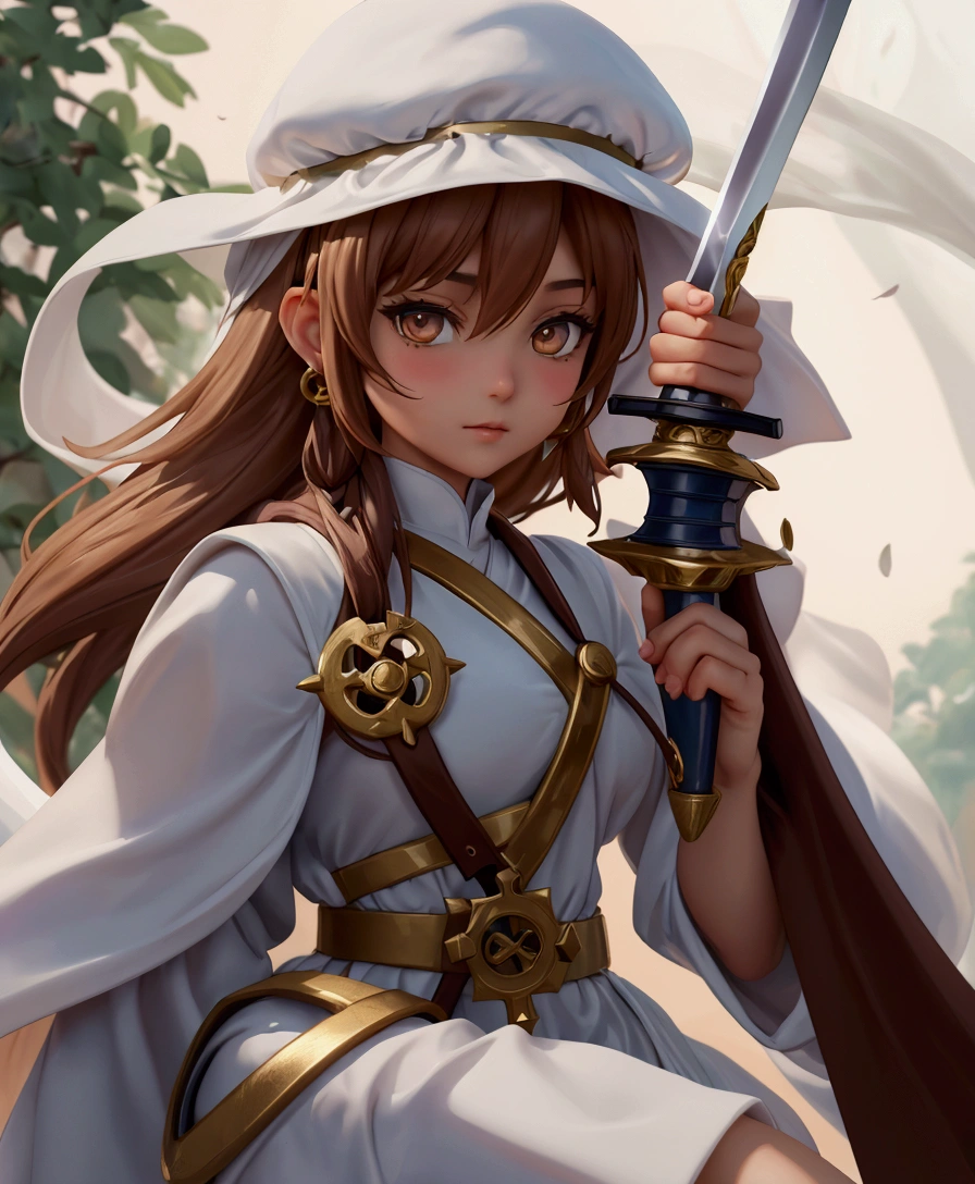 Monk、clergyman、Fantasy World,Wearing a white dress and a brown hat、Arabian woman with a sword, , 8K Art Germany Bokeh, youthful taliyah, Gwaiz, 美しい女性clergyman, Vivid RPG Portraits