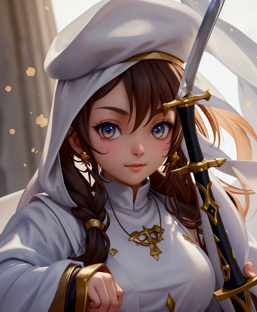 Monk、clergyman、Fantasy World,Wearing a white dress and a brown hat、Arabian woman with a sword, , 8K Art Germany Bokeh, youthful taliyah, Gwaiz, 美しい女性clergyman, Vivid RPG Portraits
