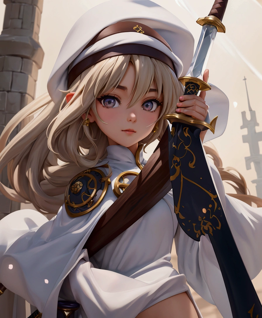 Monk、clergyman、Fantasy World,Wearing a white dress and a brown hat、Arabian woman with a sword, , 8K Art Germany Bokeh, youthful taliyah, Gwaiz, 美しい女性clergyman, Vivid RPG Portraits