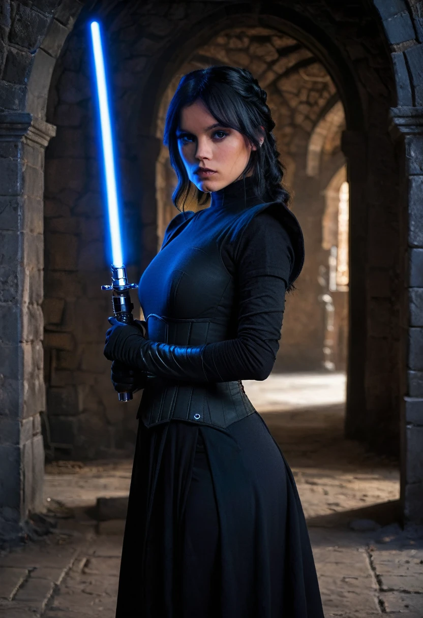 a beautiful picture of w3dn3sday in black basque, holding a lightsaber masterpiece, photorealistic, woman, castle interior background,detailed, backlighting, light, RAW color photo,(fully in frame:1.1), detailed skin texture, (blush:0.5), (goosebumps:0.5),wearing a basque, black hair, 